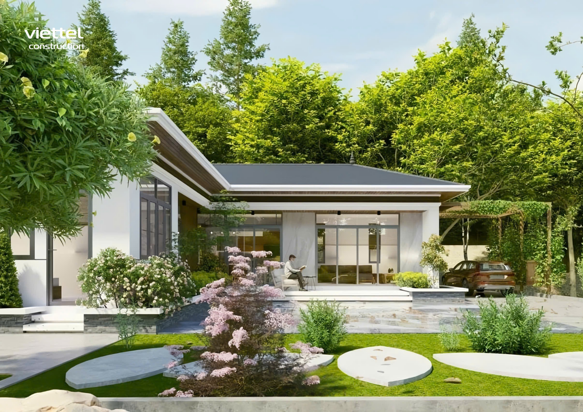 Mẫu nhà vườn mái Nhật với độ dốc mái vừa phải, thanh thoát