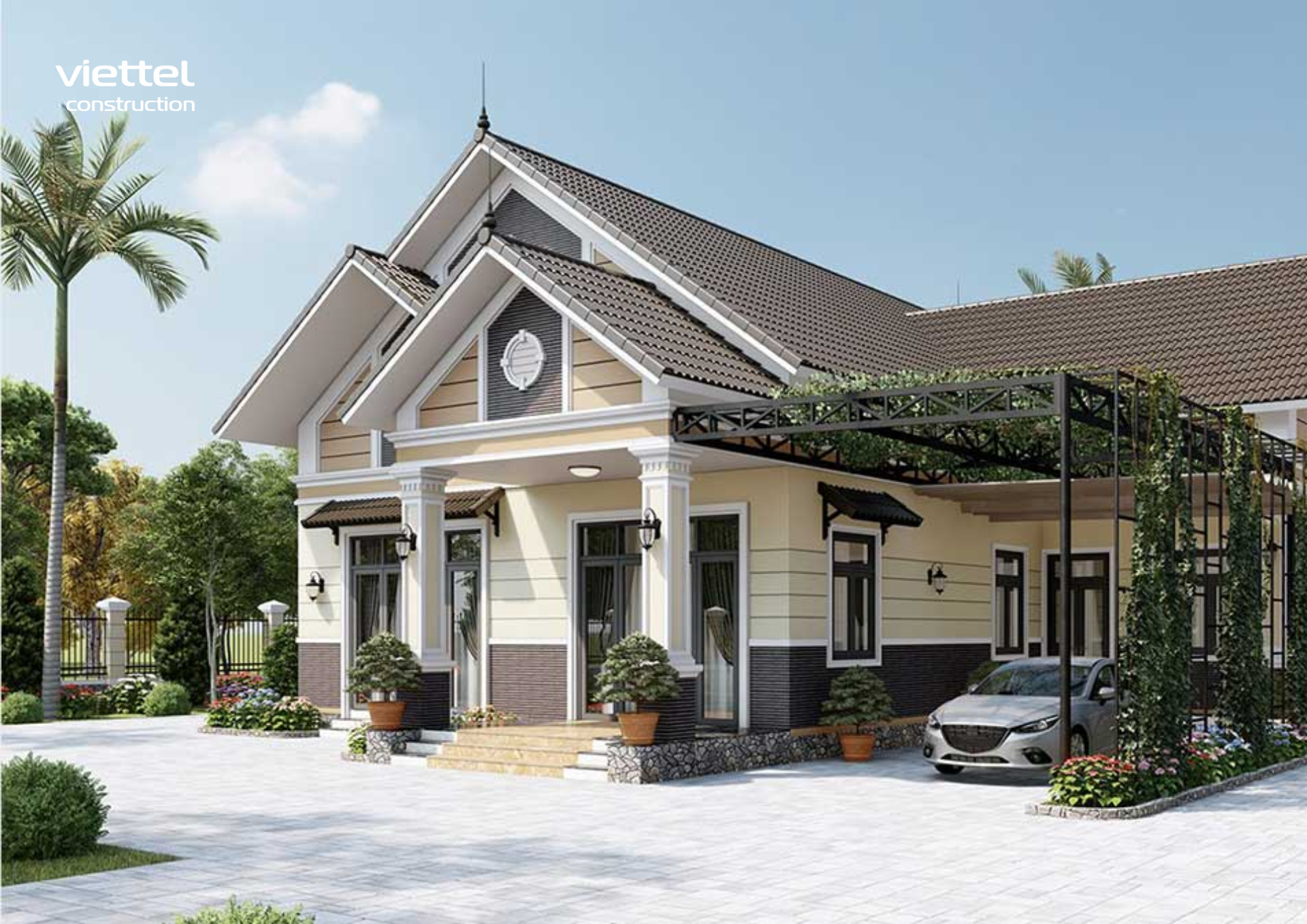 Mẫu nhà vườn mái Thái nổi bật với mái dốc lớn, giật cấp