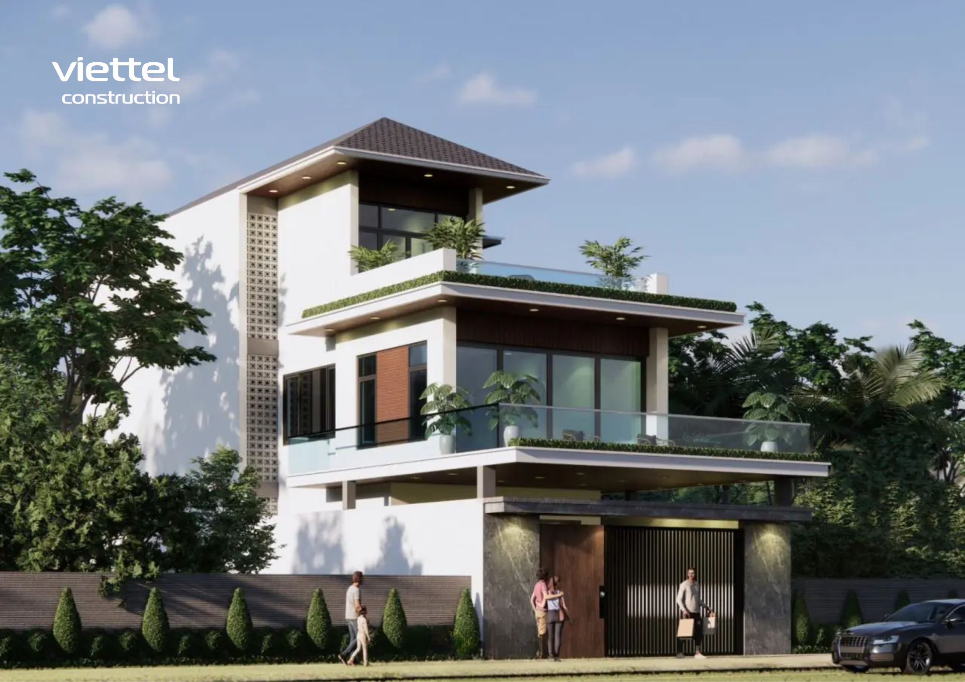 Thiết kế nhà phố 3 tầng hiện đại kết hợp mái Nhật nhẹ nhàng, tạo vẻ đẹp bề thế, sang trọng.